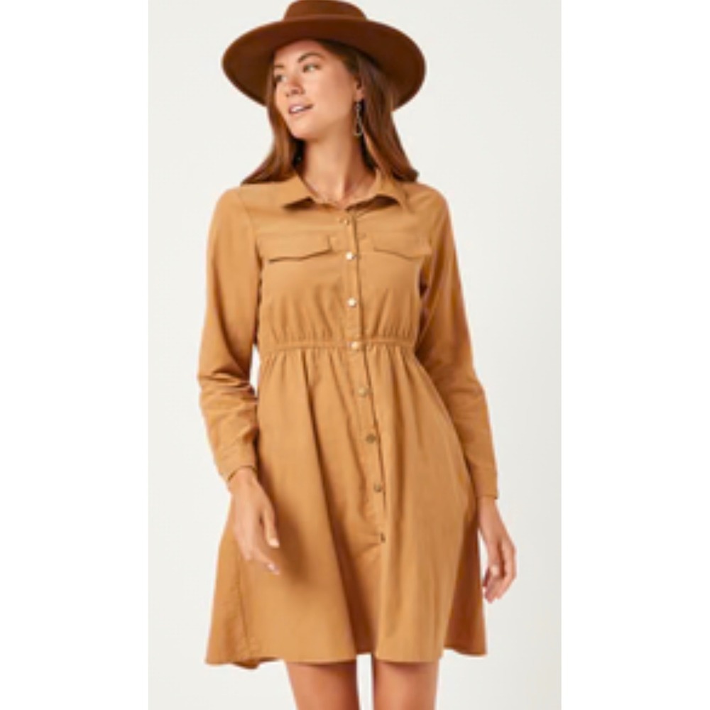 Hayden LA Camel Brown Corduroy Button Front Prairie Shirt Dress Women's 1X NEW